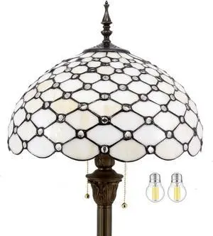 WERFACTORY Tiffany Floor Lamp Cream Amber Stained Glass Bead Standing Reading Light 16X16X64 Inches Antique Pole Corner Lamp Decor Bedroom Living Room Home Office S005 Series