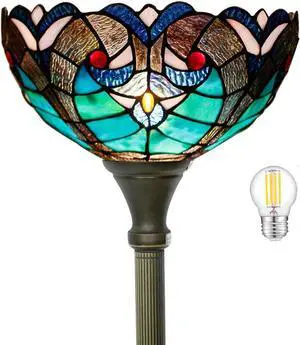 WERFACTORY Tiffany Floor Lamp Green Liaison Stained Glass Light 12X12X66 Inches Pole Torchiere Standing Corner Torch Uplight Decor Bedroom Living Room Home Office S160G Series