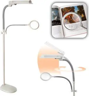 OttLite 18w EasyView Standing Floor Lamp with Optical Grade 3X Magnifier Attachment Arm & Flexible Neck - Wide Wing Shade with Modern Design for Crafting, Work, Office, Dorm Room, Sewing & Reading