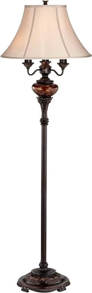 Barnes and Ivy Traditional Standing Floor Lamp Multi 4-Light 63" Tall Antique Bronze Copper Gold Tortoise Glass Font Fabric Bell Shade Candelabra Decor for Living Room Reading House Bedroom