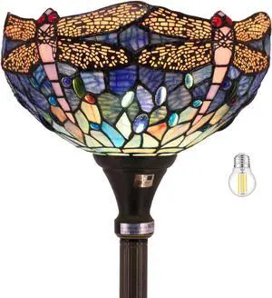WERFACTORY Tiffany Floor Lamp Sea Blue Stained Glass Dragonfly Light 12X12X66 Inches Pole Torchiere Standing Corner Torch Uplight Decor Bedroom Living Room Home Office S631 Series