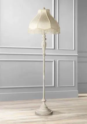 360 Lighting Traditional Vintage Shabby Chic Floor Lamp Standing 60" Tall Antique White Victorian Cream Scallop Fabric Dome Shade with Fringe Decor for Living Room Reading House Bedroom Home