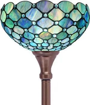 Tiffany Floor Lamp Torchiere Stained Glass Torch Lamp 12X12X67 Inch Antique Standing Corner Light (Sea Blue Pearl)