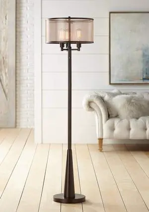 Franklin Iron Works Durango Rustic Farmhouse Vintage Standing Floor Lamp 3-Light 62" Tall Oiled Bronze Brown Sheer Shade Antique LED Edison Bulbs for Living Room Reading House Bedroom Home Office
