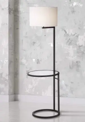 360 Lighting Space Saver Modern Style Standing Floor Lamp with Glass Tray End Table 62" Tall Black Metal White Fabric Sleek Drum Shade Decor for Living Room Reading House Family Bedroom Home