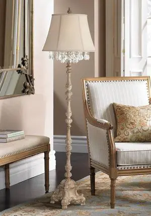 Barnes and Ivy Duval French Vintage Traditional Standing Floor Lamp 63.5" Tall Distressed Candlestick Crystal Glass Beading Cream Bell Shade Decor for Living Room Reading House Bedroom Home