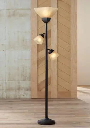 Franklin Iron Works Rustic Farmhouse Mission Torchiere Floor Lamp 71 1/2" Tall Roman Bronze 3-Light Frosted Champagne Amber Glass Shade for Living Room Reading Bedroom Office House Home Decor