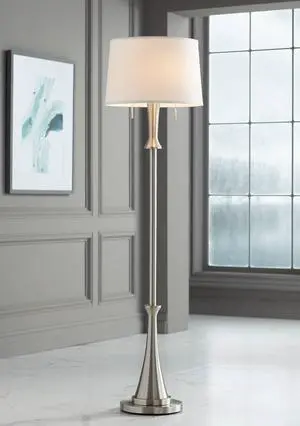 360 Lighting Karl Modern Industrial Floor Lamp Standing 63.75" Tall Brushed Nickel Silver Classic Metal White Tapered Drum Shade Decor for Living Room Reading House Bedroom Family Home