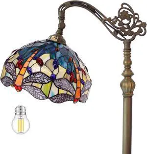 WERFACTORY Tiffany Floor Lamp Sea Blue Yellow Stained Glass Dragonfly Arch Lamp 12X18X64 Inch Gooseneck Adjustable Corner Stand Reading Light Decor Bedroom Living Room S128 Series