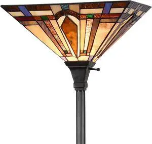 Tiffany Style Torchiere Floor Lamp Mission Stained Glass Shade 12"x 69" Tall Pole Vintage Antique Reading Light Fixture for Living Room Bedroom