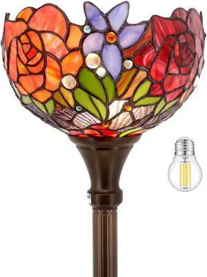WERFACTORY Tiffany Floor Lamp Red Rose Flower Stained Glass Light 10X10X66 Inches Pole Torchiere Standing Corner Torch Uplight Decor Bedroom Living Room Home Office S001 Series