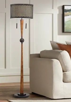 Franklin Iron Works Hunter Modern Mid Century Farmhouse Rustic Floor Lamp 64" Tall Bronze Cherry Wood Perforated Metal Cream Linen Double Drum Shade for Living Room Reading Bedroom Office House Franklin Iron Works Hunter Modern Mid Century Farmhouse Rustic Floor Lamp 64" Tall Bronze Cherry Wood Perforated Metal Cream Linen Double Drum Shade for Living Room Reading Bedroom Office House