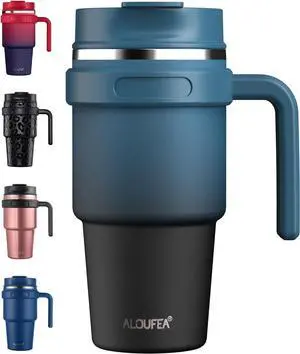 ALOUFEA 20 oz Insulated Coffee Mug Tumbler with Handle, Stainless Steel Travel Mug Tumbler with Lid and Straw,Double Wall Vacuum Leak Proof Ice Coffee Thermal Cup, Indigo Black
