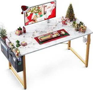 ODK Study Computer Desk 40 inch Home Office Writing Small Desk, Modern Simple Style PC Table with Storage Bag and Headphone Hook, White Marble + Gold Leg
