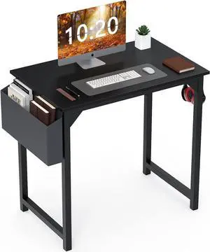 Sweetcrispy Computer 31 Inch Writing Office Small Space Desk Study Modern Simple Style Work Table with Storage Bag Headphone Hook Metal Frame for Home, Bedroom, 31-Inch, Black