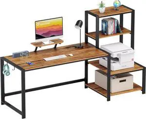GreenForest Computer Desk 68.8 inch with Storage Printer Shelf Reversible Home Office Desk Large Study Writing Table with Movable Monitor Stand and 2 Headphone Hooks for PC Gaming Working, Walnut