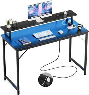 iSunirm 47 inch Computer Desk with Power Outlets, Gaming Desk with LED Lights, Home Office Work Desk with Monitor Shelf, Modern Office Desk Study Writing Table for Small Spaces, Black