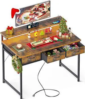 ODK 40 Inch Small Computer Desk with 3 Drawer and USB Charging Port & Power Outlet, Office Desk with LED Light, Home Office Desk with Monitor Stand, Modern Work Writing Study Table for Bedroom,Vintage