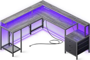 Huuger L Shaped Computer Desk with Power Outlets & LED Lights, Reversible Computer Desk with File Cabinet & Storage Shelves, Corner Desk Home Office