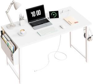 Lufeiya 39 inch White Computer Desk with Power Outlet, 40 inch Teen Study Table Home Office Work Writing Desks with Charging Station Outlets Built in, White