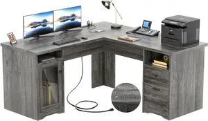 Unikito L Shaped Desk with Drawers, 60 Inch Corner Computer Desks with USB Charging Port and Power Outlet, Large 2 Person Home Office Table with File Cabinet, Black Oak