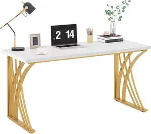 Tribesigns 55 Large Modern Computer Desk, White & Gold Luxury Laptop PC Student Table, Makeup Vanity Table with Thick Frame & Strong Legs, Sturdy Writing Workstation for Home & Office