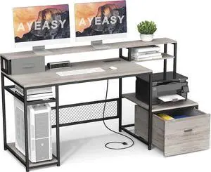 Home Office Desks with Drawers, 66'' Computer Desk with Storage, Office Desk with Monitor Stand, Work Desk with Outlets and USB, Gaming Table Desk with File Cabinet for Home Office Table, Grey