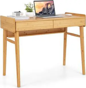 Tangkula Bamboo Mid Century Desk with 2 Storage Drawers, Home Office Study Writing Desk with Shelf & Cable Management Groove, Home Office Desk for Working & Learning