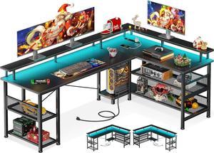 ODK 66" L Shaped Gaming Desk with Power Outlet and LED Lights, Reversible L Shaped Desk with Storage Shelves & Monitor Stand, Gaming Desk with USB Ports, Home Office Desk, Black Carbon Fiber