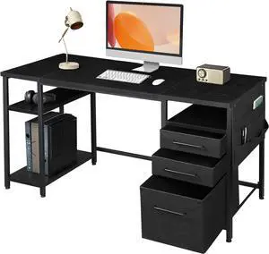 Maihail Desks with Drawers and Shelves, 59 inch Large Computer Desk. Vintage Desk with Storage Bag, Large Office Desk with Adjustable Shelves, Metal Frame for PC Laptop, Black