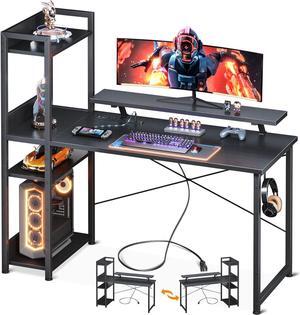 ODK Reversible Gaming Desk with USB Charging Port & Power Outlet, 48 Inch Computer Desk with Storage Shelves and Monitor Stand, Study Table for Home Office, Small Space Bedroom, Carbon Fiber Black