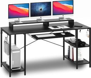 HYPIGO Computer Desk with Keyboard Tray, 55 inch Industrial Home Office Desk W/ Storage Shelves Monitor Stand Headset Hooks Study Writing Desk Workstation for Small Space Bedroom Easy Assembly,Black