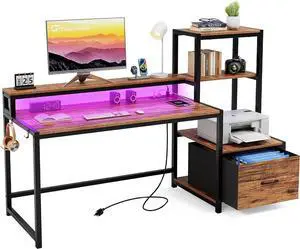 GreenForest Computer Desk with Drawer and Printer Shelf, Reversible 59 inch Home Office Desk with LED Lights and Power Outlets, Monitor Stand and Hooks for Study Gaming Working, Walnut