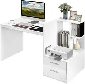 Tangkula White Desk with 2 Storage Drawers & Bookshelf, Home Office Desk with Corner Bookshelf & Printer Stand, Small Writing Study Desk for Small Space, Modern Vanity Table for Bedroom (White)