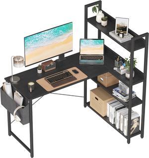 Treesland 47 Inch Computer Desk with Storage Shelves, L Shaped Desk with Storage, Corner Desk with Storage, Home Office Desks, Bookshelf Desk, Writing Study Desk for Bedroom, Black
