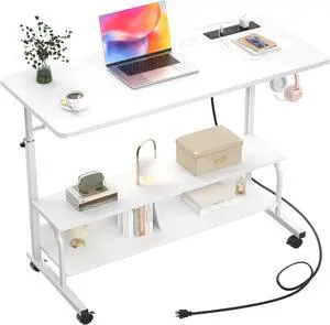 Height Adjustable Standing Desk with Power Outlets, 39" Manual Stand Up Desk with Storage Shelves Small Mobile Rolling Computer Desk Portable Laptop Table with Wheels for Home Office, White