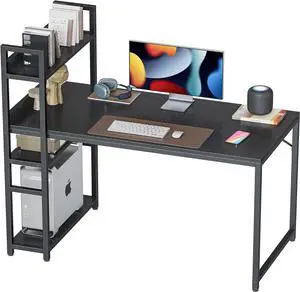CubiCubi Computer Desk 47 inch with Storage Shelves, Reversible Studying Working Writing Table with Bookshelf for Home Office, Modern Simple Style, Dark Black