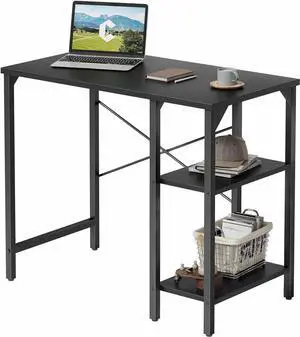 CubiCubi Small Computer Desk, 35 Inch Home Office Desk with 2 Storage Shelves on Left or Right Side, Study Writing Desk with Storage Board, Balck