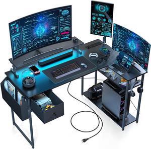 L Shaped Gaming Desk, 47 inch Computer Desk with LED Lights & Adjustable Stand, Power Outlets & Storage Drawer, Reversible Computer Desk with Shelves & Headset Hooks Black Carbon Fiber