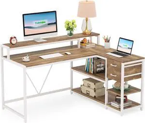 LITTLE TREE 55" L-Shaped Computer Desk, Reversible Home Office Desk with File Drawers and Monitor Stand, Gaming Desk Writing Study Table Workstation