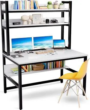 Aquzee Computer Desk with Hutch and Bookshelves, 55 inch Width White Desk with Shelves for Storage, Easy Assemble