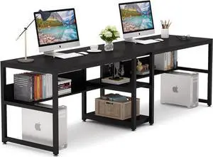 Tribesigns Two Person Desk with Bookshelf, 78.7 Computer Office Double Desk for Two Person, Rustic Writing Desk Workstation with Shelf for Home Office (Black)