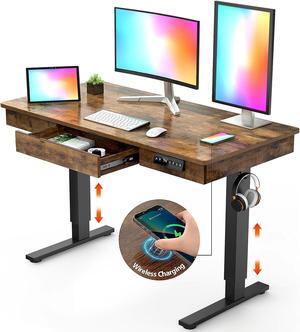 Electric Standing Desk with Drawer,48 x 24 Inches Standing Desk Adjustable Height Desk with 12W Wireless Charging,One-Piece Wooden Desktop Sit Stand Up Desk, Memory Home Office Desks