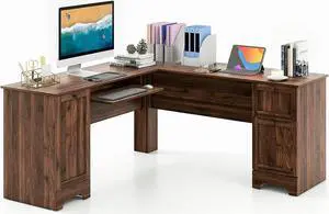 Tangkula L-Shaped Office Desk with Storage Drawers & Keyboard Tray, Home Office Corner Computer Desk with Cabinet & Inner Adjustable Shelf, Space-Saving Study Writing Desk, Computer Workstation