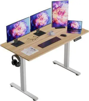 JUNHEDAMAI Electric Height Adjustable Standing Desk, 55 * 24 Inch Sit Stand Up Desk, Ergonomic Computer Desk with 2 Headphone Hook for Home Office Sturdy Writing Workstation, Gaming Room