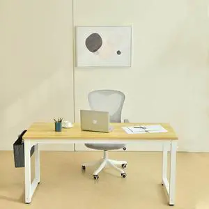 SURMIO 63 inch Computer Desk,Large Home Office Desk Modern Wood Writing Table Rustic Gaming Desk Sturdy Extra Thick Wooden Desktop Thicker Metal Frame PC Workstation with Storage Bag and Hooks,White