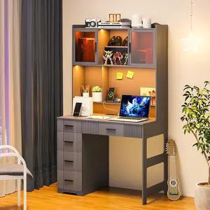 WOOVIVS LED Study Desk with Hutch and Drawer, Home Office Desk with Outlet, Computer Desk with Charging Station, Writing Desk for Bedroom, Workstation for Small Space (Grey)