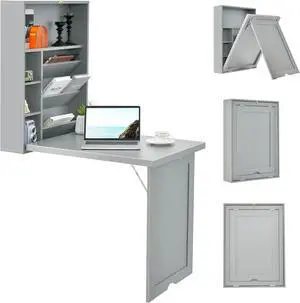 Tangkula Wall Mounted Desk, Fold Out Convertible Floating Desk, Multi-Function Murphy Desk for Home Office, Space Saving Computer Desk Hanging Table with Storage Area