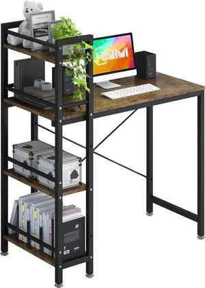 4NM 35" Small Computer Desk with 4-Tier Bookshelf, Home Office Desk Writing Workstation Study Table Multipurpose for Small Space Work - Rustic Brown and Black