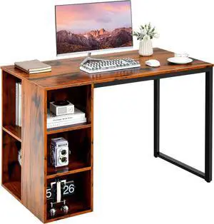 Tangkula Computer Desk with Storage Shelves, Home Office Desk with 5 Side Shelves & Metal Frame, Space Saving Laptop PC Desk, Writing Study Desk, Modern Vanity Desk for Bedroom (Rustic Brown)